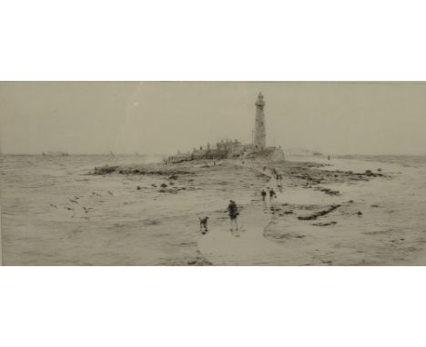 W L Wyllie, black and white etching, St Mary's Island Northumberland, 7.5ins x 15.5ins