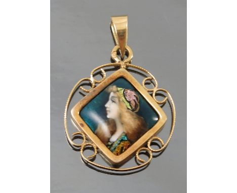 A Limoges enamel pendant, signed 'L.Clement', the female in profile within a square panel to a wire frame, diameter 1.9cm