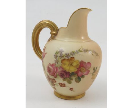 A Royal Worcester blush ivory flat back jug, decorated with flowers, shape number 1094, circa 1903, height 5ins 
