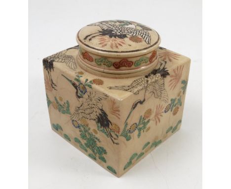 A Japanese square sectioned tea caddy, with cover, decorated with cranes and flowers, height 4.75ins 