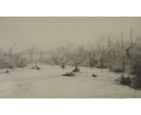W L Wyllie, black and white etching, The River Tyne, 9.5ins x 15.5ins
