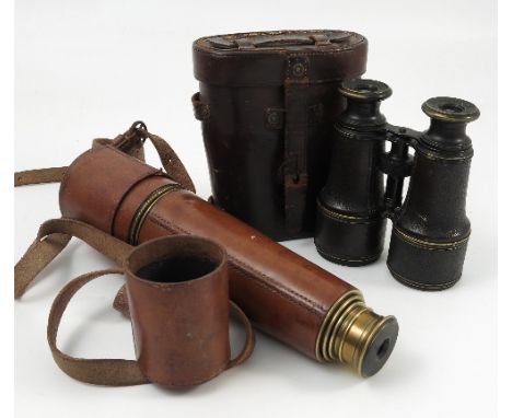 A Broadhurst, Clarkson & Co three drawer telescope, with leather case, together with a pair of Le Maire Fabi Paris binoculars