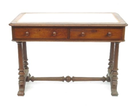 A 19th century oak centre table, fitted two frieze drawers, raised on four turned fluted legs on four scrolling feet, width 4