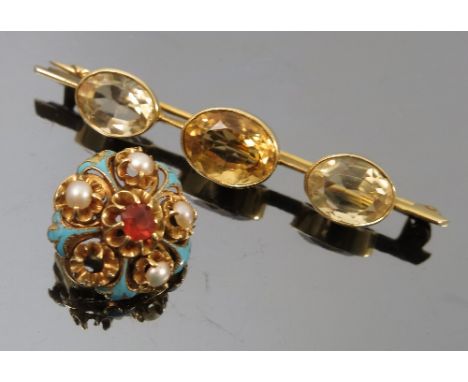 A Victorian enamel and stone set cinquefoil brooch, together with a modern 9ct gold brooch, weight 5.9g gross, a three stone 