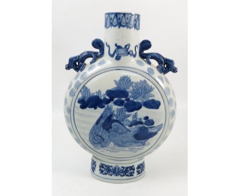 A modern moon flask, in the Oriental style, decorated with birds within a landscape, height 14.5ins