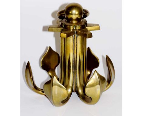 A brass anchor inkwell the hinged cover with ball and ring finial, the anchor with six points, 21 cm high overall, late 19th 