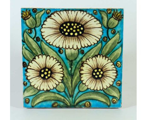 A William De Morgan pottery tile painted with flower heads and leafage on a turquoise ground, impressed mark, 15 cm square