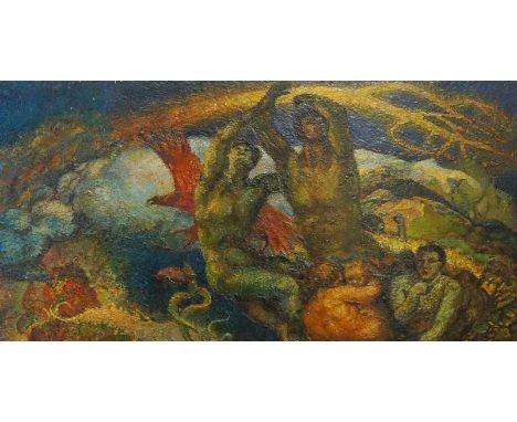 British School, Circa 1960 - figures and bird in abstract landscape, acrylic on board, 46 cm x 92 cm, unframed
