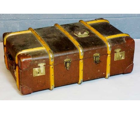 A fabric covered steamer trunk with bentwood banding, metal mounted, brass locks, leather wrapped corners, 94 cm wide, 54 cm 