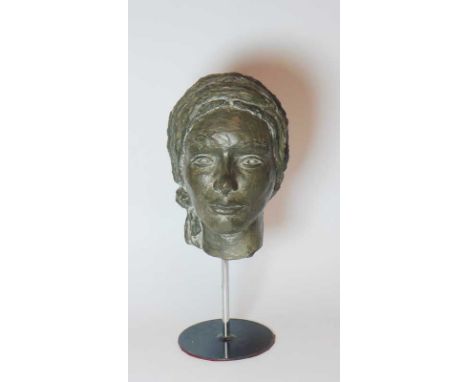 English School, mid 20th Century - portrait head of a young woman, 27 cm high, on a chromium plated and black Japanned stand,