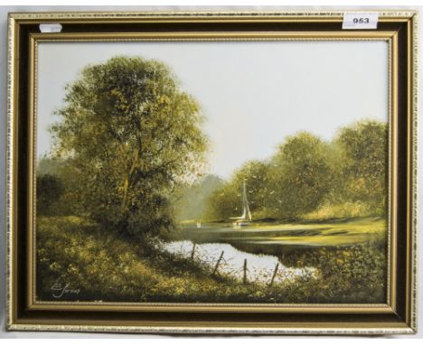 Les Parson Oil On Panel River Landscape With Boat, 12x16 Inches