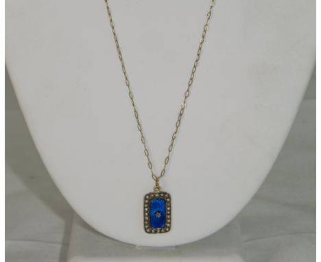 Antique 14ct Gold Set Blue Enamel and Pearl Pendant of Rectangle Shape, Attached to a 9ct Gold Chain, Marked 14ct, 22 Inches 