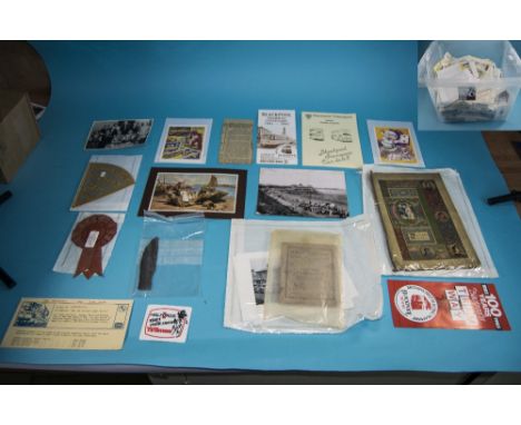 Large Box Containing A Quantity Of Ephemera And Related Items, Comprising Postcards, Cloth Badges, Ticket Stubs etc