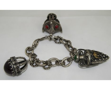 A Vintage And Interesting Well Made Silver Bracelet, Possibly Indian. Loaded with Very Large Silver Charms Set with Stones. 3