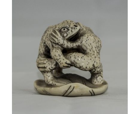 Japanese Ivory Netsuke Finely Carved Depicting 2 Toads Embracing, Raised On A Lily Pad, Signed To Base