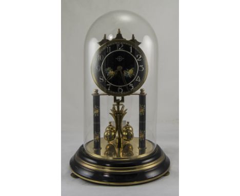 Haller 400 Day Anniversary Clock Under a Glass Dome, with Black and Enamel Inset Pillars and Dial. Stands 11.5 Inches High. 