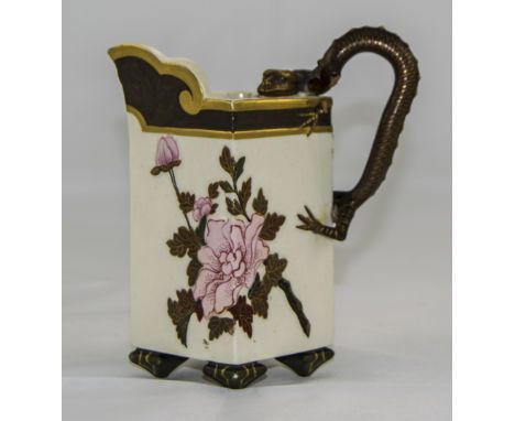 Royal Worcester Late 19th Century Lizard Handle Jug / Vase with Floral Enamel Decoration to Body of Vase. Royal Worcester Pri
