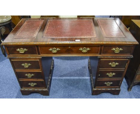 20thC Mahogany Pedestal Desk, Leather Topped, 3 Frieze Drawers Above A Bank Of 3 Drawers And Storage Unit, Raised On Bracket 