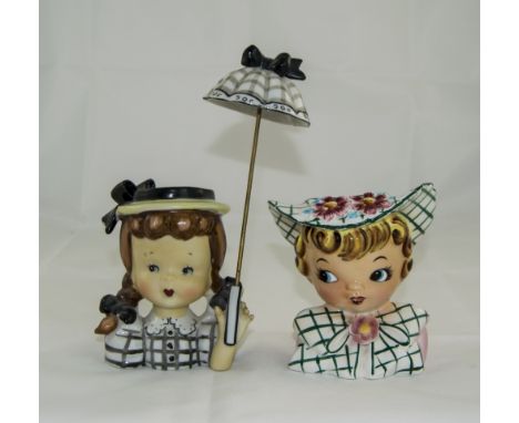 Geo. Z. Lefton Vintage Hand Painted Miss Dainty Head Vase. c.1955, with Label. 5 Inches High + a Simko Hand Painted Vintage L