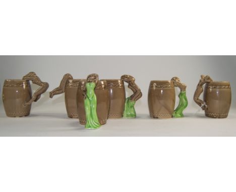 Japanese Ceramic Novelty Set of Six Tankards, The Handles In The Form of Naked Women. Each Stands 5 Inches High, All In Excel