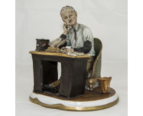 Capodimonte - Good Quality Signed Figure - Man Behind Desk Answering Telephone. Signed Tyche ' Bruno ' Good Condition. 8 Inch
