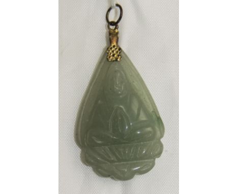 Chinese Carved Jade Buddha Pendant With Yellow Metal Unmarked Mount