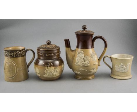 Doulton Lambeth Salt Glazed Stoneware Items, All With Applied Decoration ( 4 ) In Total. Comprises 1/ A Lidded Jar - 4.75 Inc