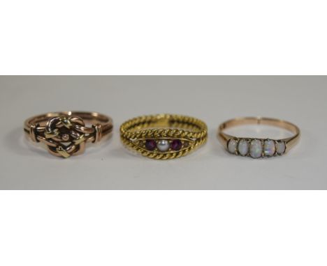 Early 20thC 18ct Gold Ruby And Pearl Dress Ring Together With A 9ct Gold 5 Stone Opal Ring And A 9ct Gold Knot Ring 