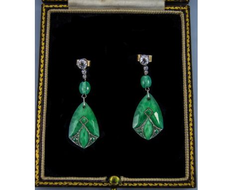 A Very Fine and Impressive Antique 18ct Gold Set Pair of Jadeite Stone Diamond Drop Earrings. The Jade of Excellent Colour, A