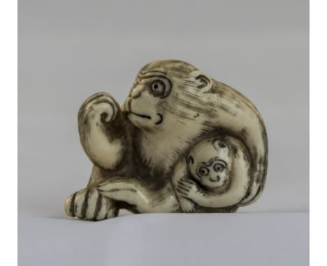 Japanese Ivory Netsuke Finely Carved Depicting Monkey And Baby, Signed To Base