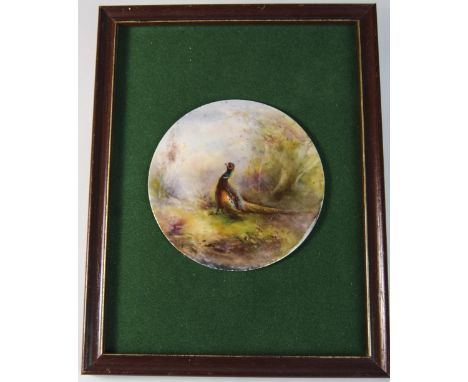 Royal Worcester Hand Painted Circular Plaque. "Pheasant in a Woodland Setting" Date 1927. Plaque 4x4 inches.