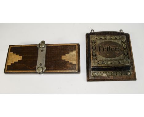 Early 20thC Wall Mounted Letter Rack, Oak Back With Brass Holder With Engraved Decoration Marked 'Letters'. Together With An 