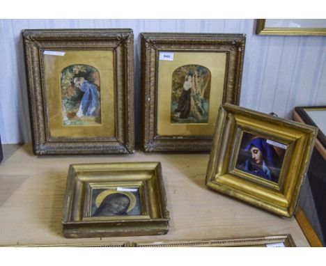 Four Prints 1. Pair of Pre Raphalite Prints of Ladies, one with a lady holding a bird in original Victorian frames. 7 by 4.25