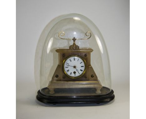 Alibaster Mantle Clock Under A Glass Dome On Plinth.