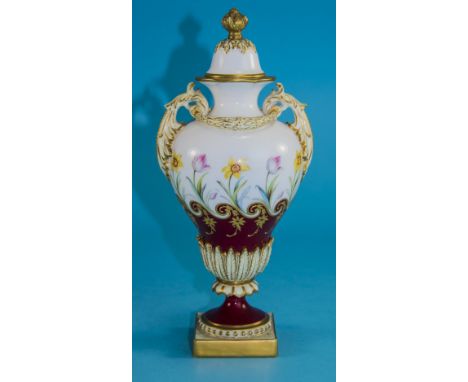 Royal Worcester Hand Painted Two Handle Lidded Urn Shaped Vase, Decorated with Images of Flowers on White Ground, Gold Border