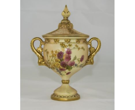 Royal Worcester Blush Ivory Lidded Two Handled Pedestal Vase, with Reticulated Cover and Painted Images of Spring Flowers to 