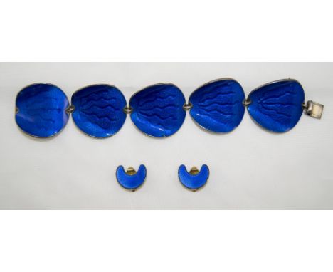 Norwegian Silver and Blue Enamel Set Bracelet with Matching Pair of Earrings. c.1960's. Marked 925 Sterling Norway. 7.5 Inche