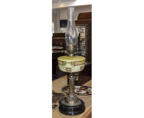 Edwardian Brass Table Oil Lamp With Twin Wicks, Glass Shade And Clear Glass Lantern. 21 Inches High A/F

