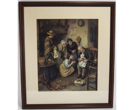Early 20th Century Pears Colour Print, Interior Scene Happy Days with Grand Father, Baby and Family Members. Mounted and Fram
