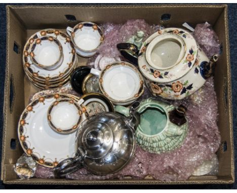 Box Of Miscellaneous Glass and Pottery. Comprising tea cups, plates, ceramic teapot, etc.