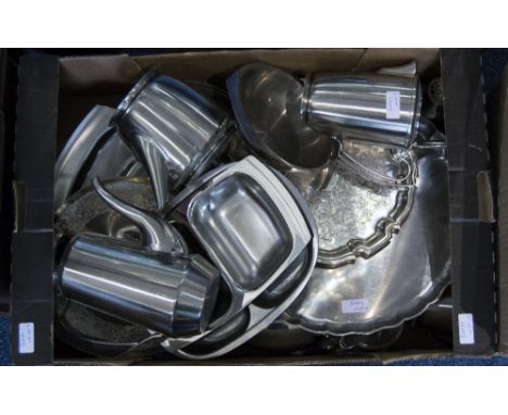 Box Of Metalware Comprising Stainless Steal Tea service, Silver Plated Candle Holders, Trays, Serving Dishes etc