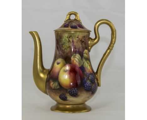 Royal Worcester Hand Painted Lidded Coffee Pot ' Fallen Fruits ' Stillife. Signed H. Price. Date 1929. Stands 7 Inches High. 