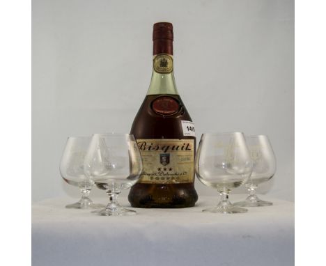 Sealed Bottle Of Bisquit Cognac Saint Martial, Together With 4 Advertising Brandy Glasses Marked Bisquit Cognac