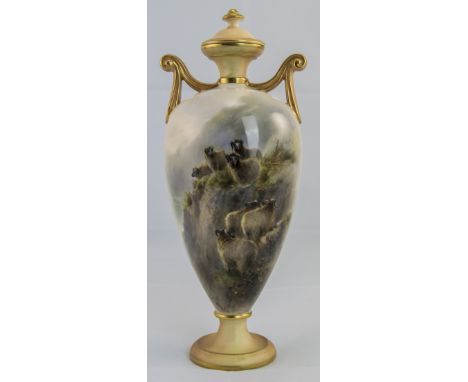 Royal Worcester Fine Impressive Two Handled Cover Vase 'Black Faced Sheep', signed John Stinton, showing seven sheep in a Hig