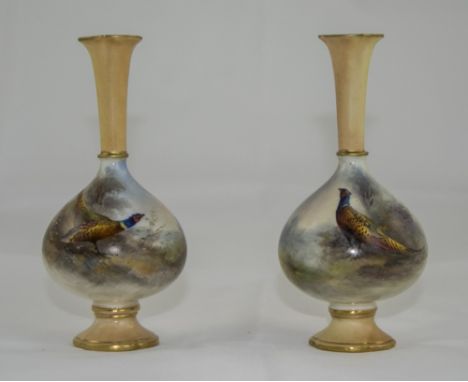 Royal Worcester Hand Painted Pair of Fine Specimen Vases ' Pheasants In a Woodland Setting, Signed James Stinton. Date 1907. 