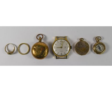 Small Mixed Lot Comprising Gold Wedding Band, Unmarked, 9ct Gold Signet Ring AF, A Base Metal Circular Locket, Base Metal Sov