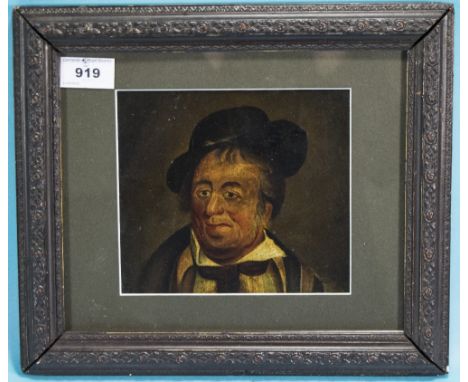 Teniers (circa 1850). Portrait of a Rogue Wearing a Cravate and a black hat , Oil on heavy panel. 6 by 6.5 inches. Framed and