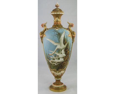 Royal Worcester Very Fine Impressive Hand Painted Two Handled Tall Cover Vase, 'Swans in Flight', showing six of the birds ag