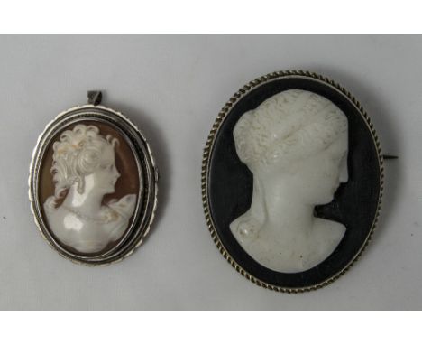 Antique - Nice Quality Silver Mounted Cameo Brooches ( 2 ) In Total. One Cameo In The Classical Style, and The Other Featurin