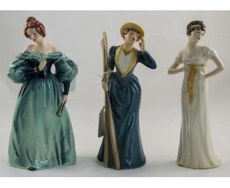 Goebel - Hand Painted Figurines ( 3 ) In Total. 1/ Demure Elegance 1835, Height 8.25 Inches. 2/ River Outing 1898, Height 8.2
